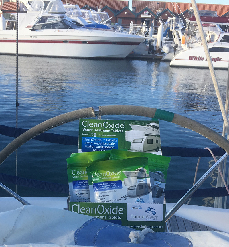CleanOxide Tablets product shot on a yatch and boat